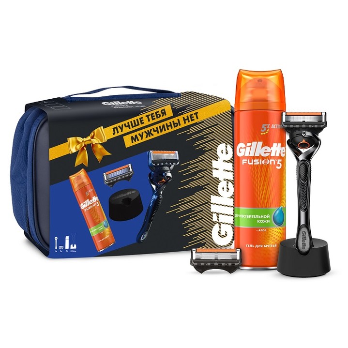 Бритва Gillette ProGlide с 2 сменными кассетами + Гель для бритья Gillette Fusion для чувствительной кожи, 200 мл + Подставка для бритвы Бритва Gillette ProGlide с 2 сменными кассетами + Гель для бритья Gillette Fusion для чувствительной кожи, 200 мл + Подставка для бритвы