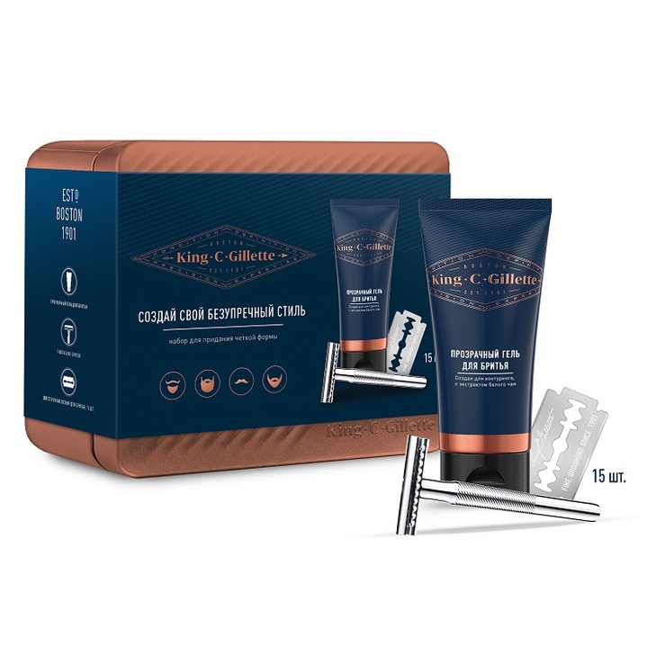Т-образная бритва King C. Gillette + 15 сменных двусторонних лезвий + Прозрачный гель для бритья Т-образная бритва King C. Gillette + 15 сменных двусторонних лезвий + Прозрачный гель для бритья