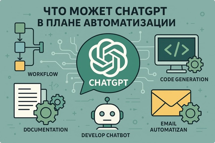 В центре изображена сама система — ChatGPT — ядро, точнее благодаря чему эти все процессы и работают. В центре изображена сама система — ChatGPT — ядро, точнее благодаря чему эти все процессы и работают.